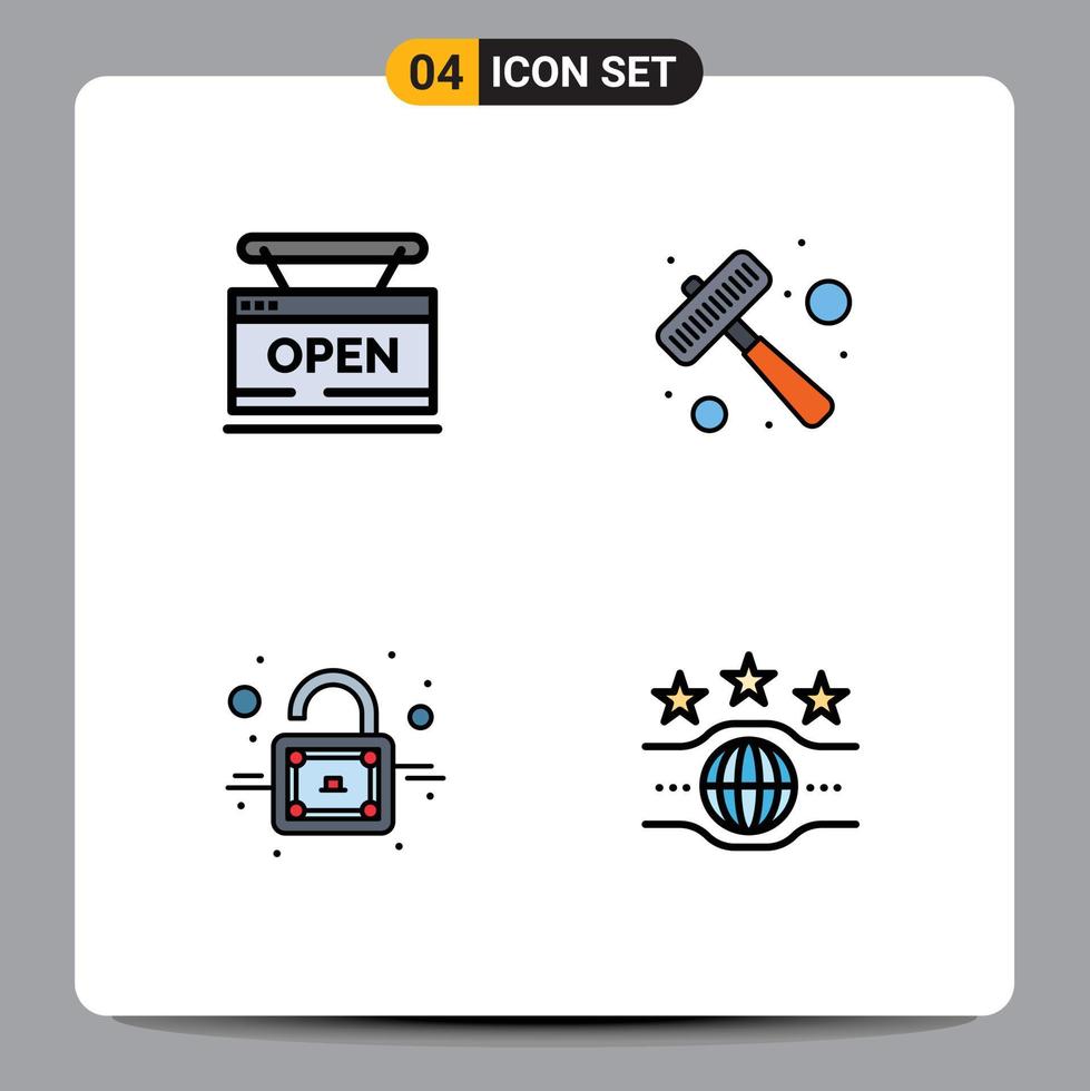 Group of 4 Modern Filledline Flat Colors Set for open lock web kitchen utensils unlock Editable Vector Design Elements