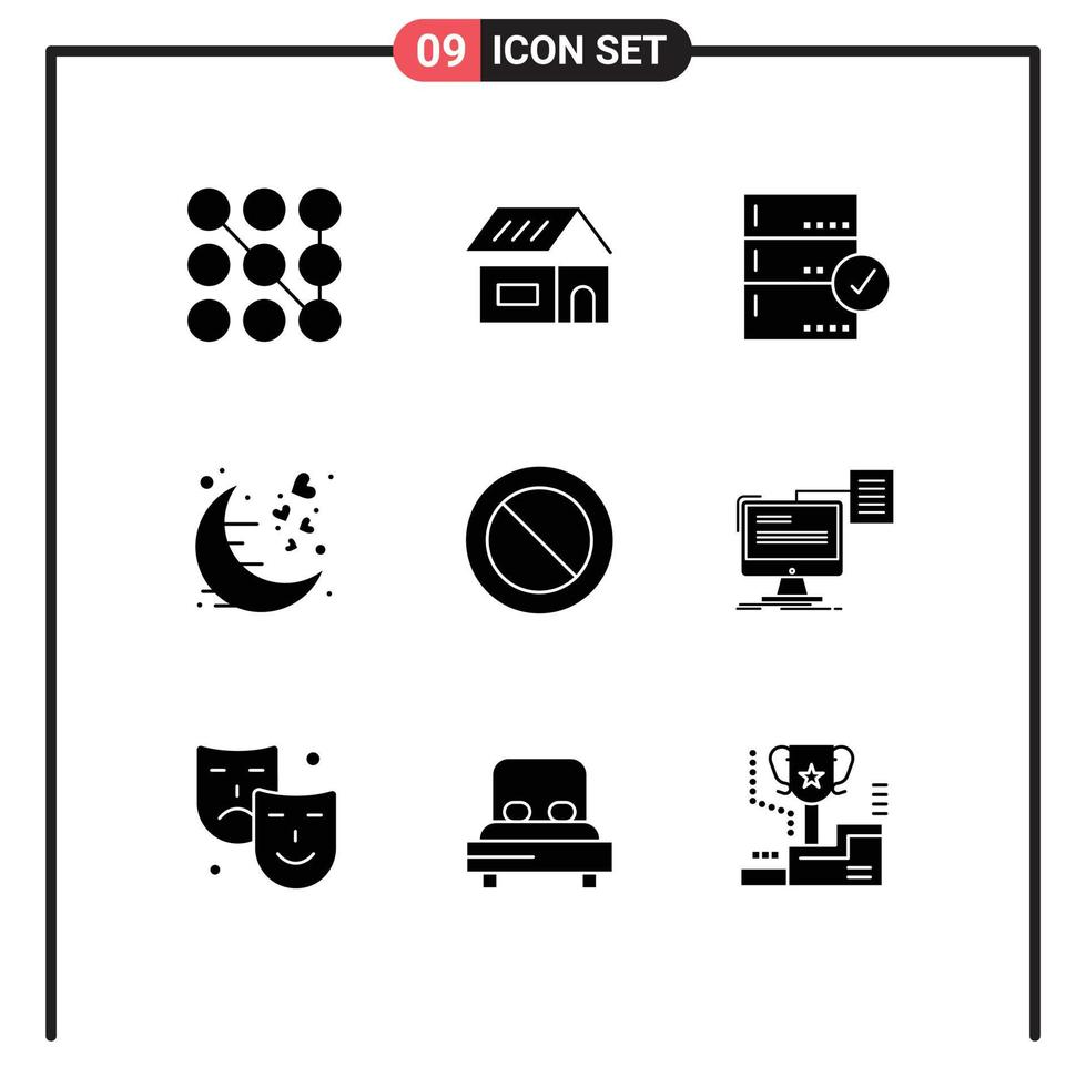 Mobile Interface Solid Glyph Set of 9 Pictograms of ban night backup moon date Editable Vector Design Elements