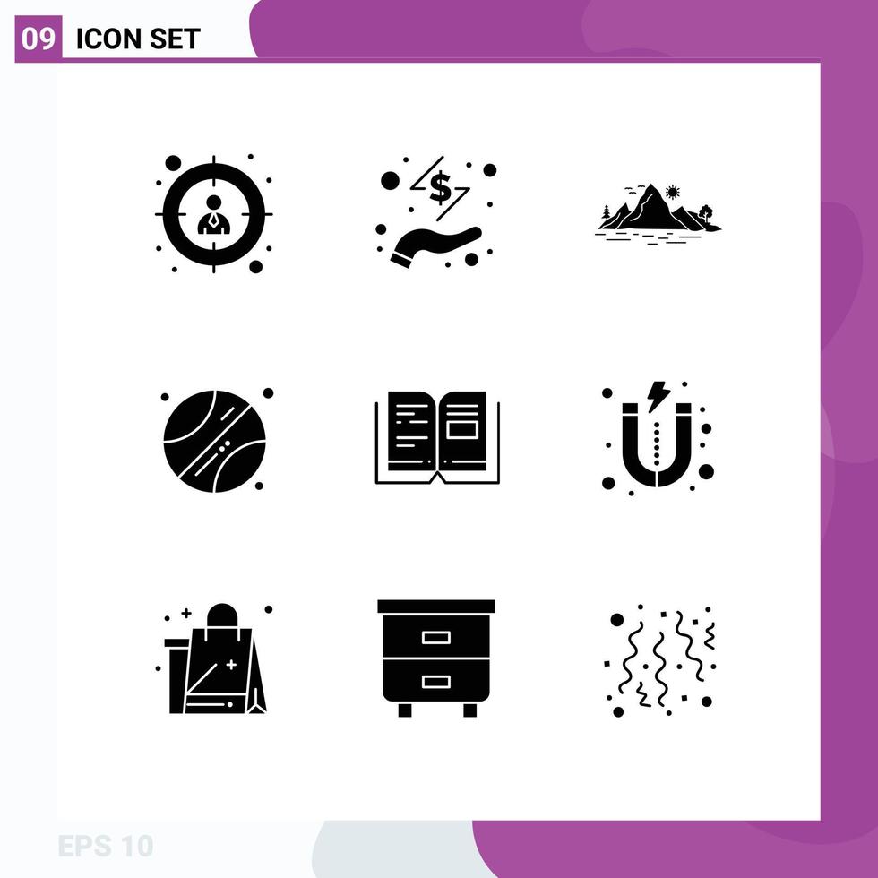 9 Universal Solid Glyph Signs Symbols of knowledge book hill sports ball Editable Vector Design Elements