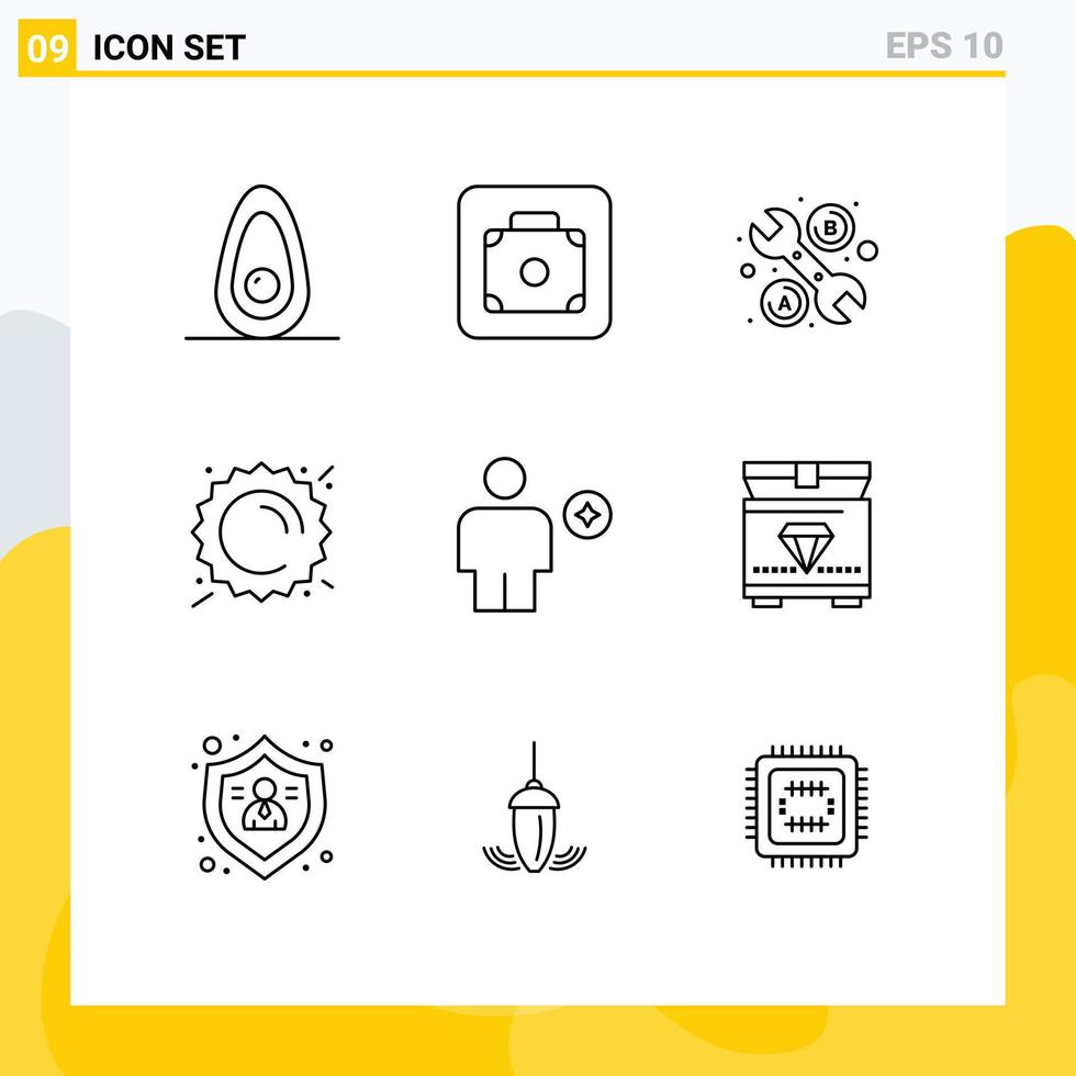 Set of 9 Modern UI Icons Symbols Signs for favorite body tool avatar sunny Editable Vector Design Elements