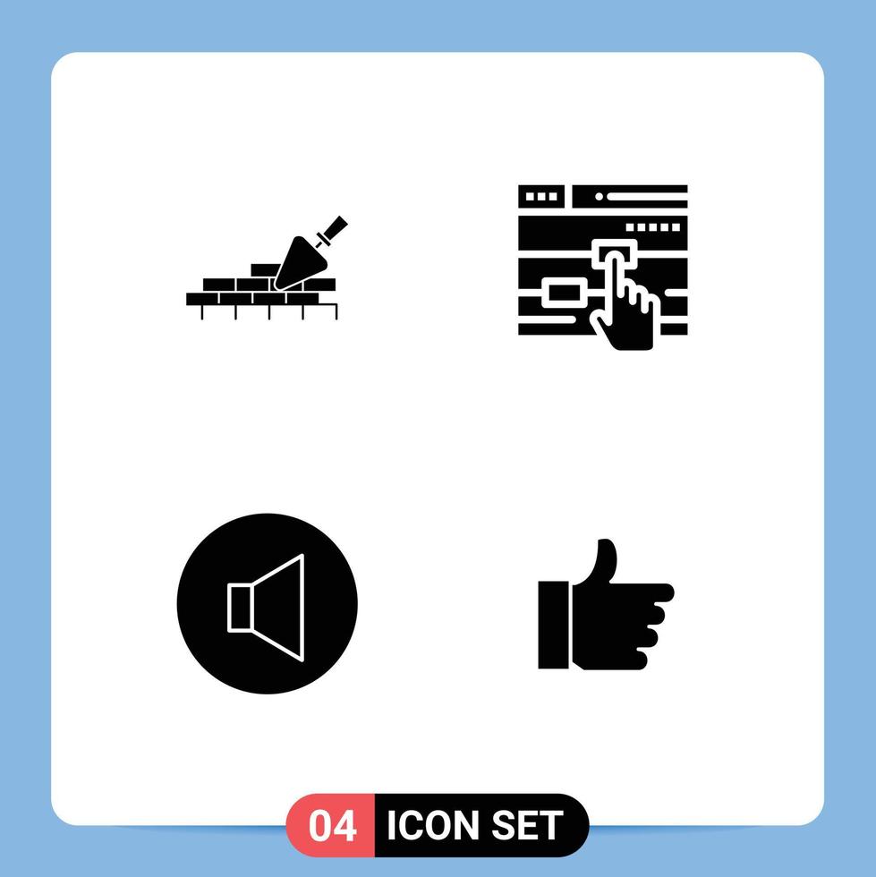 Pack of 4 Modern Solid Glyphs Signs and Symbols for Web Print Media such as brickwork speaker trovel touch hand Editable Vector Design Elements
