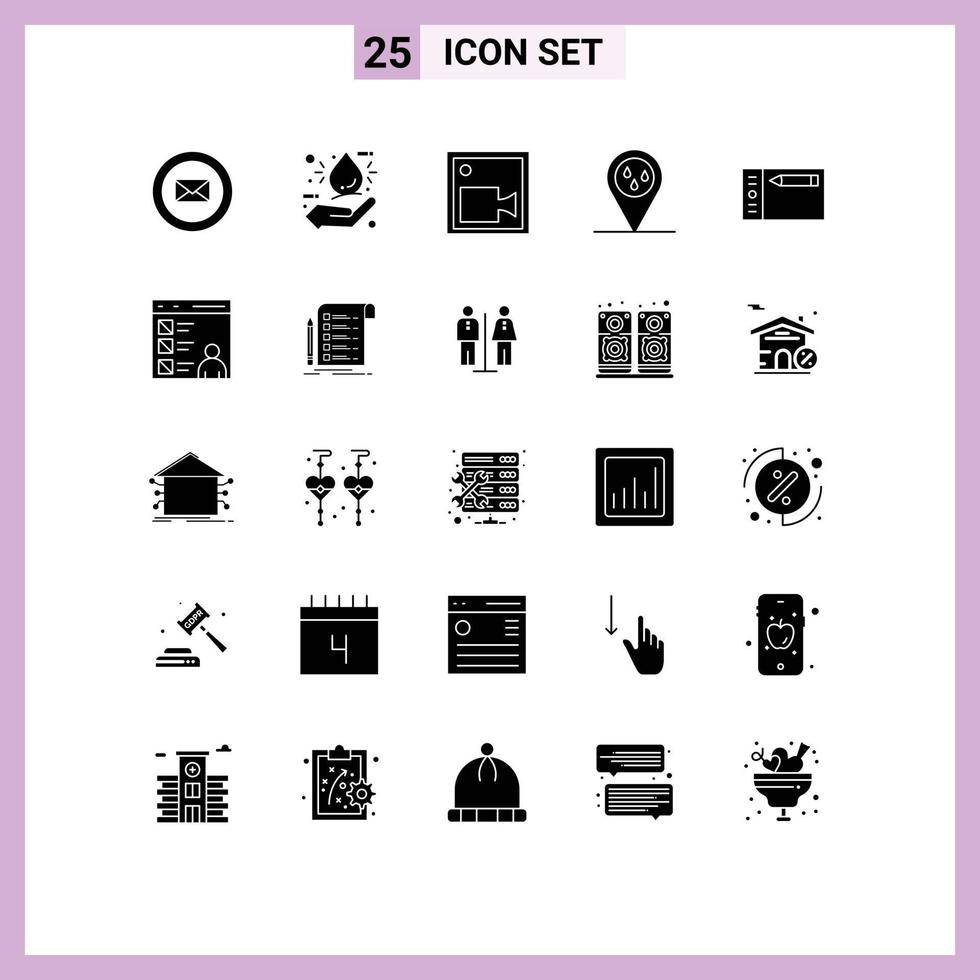 Solid Glyph Pack of 25 Universal Symbols of tablet draw camera design raining Editable Vector Design Elements