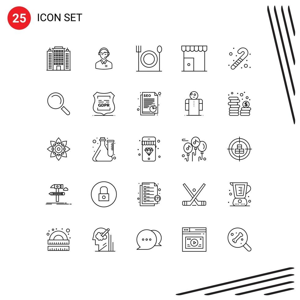 Editable Vector Line Pack of 25 Simple Lines of shop institute building man building food Editable Vector Design Elements