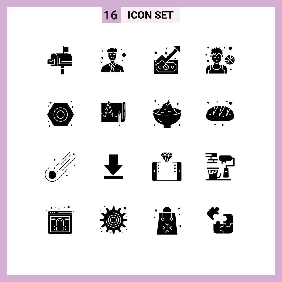 Group of 16 Modern Solid Glyphs Set for nut player trend man avatar Editable Vector Design Elements