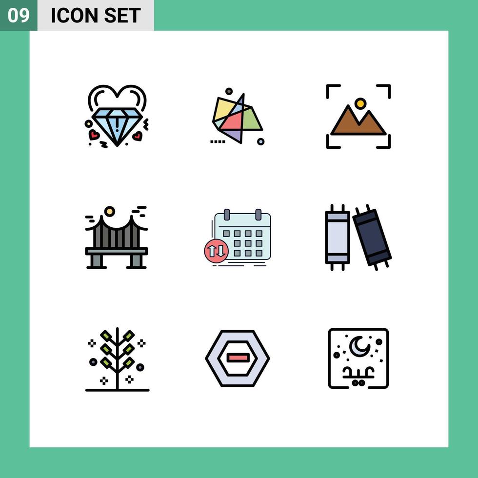 Mobile Interface Filledline Flat Color Set of 9 Pictograms of river bridge motion across photo Editable Vector Design Elements