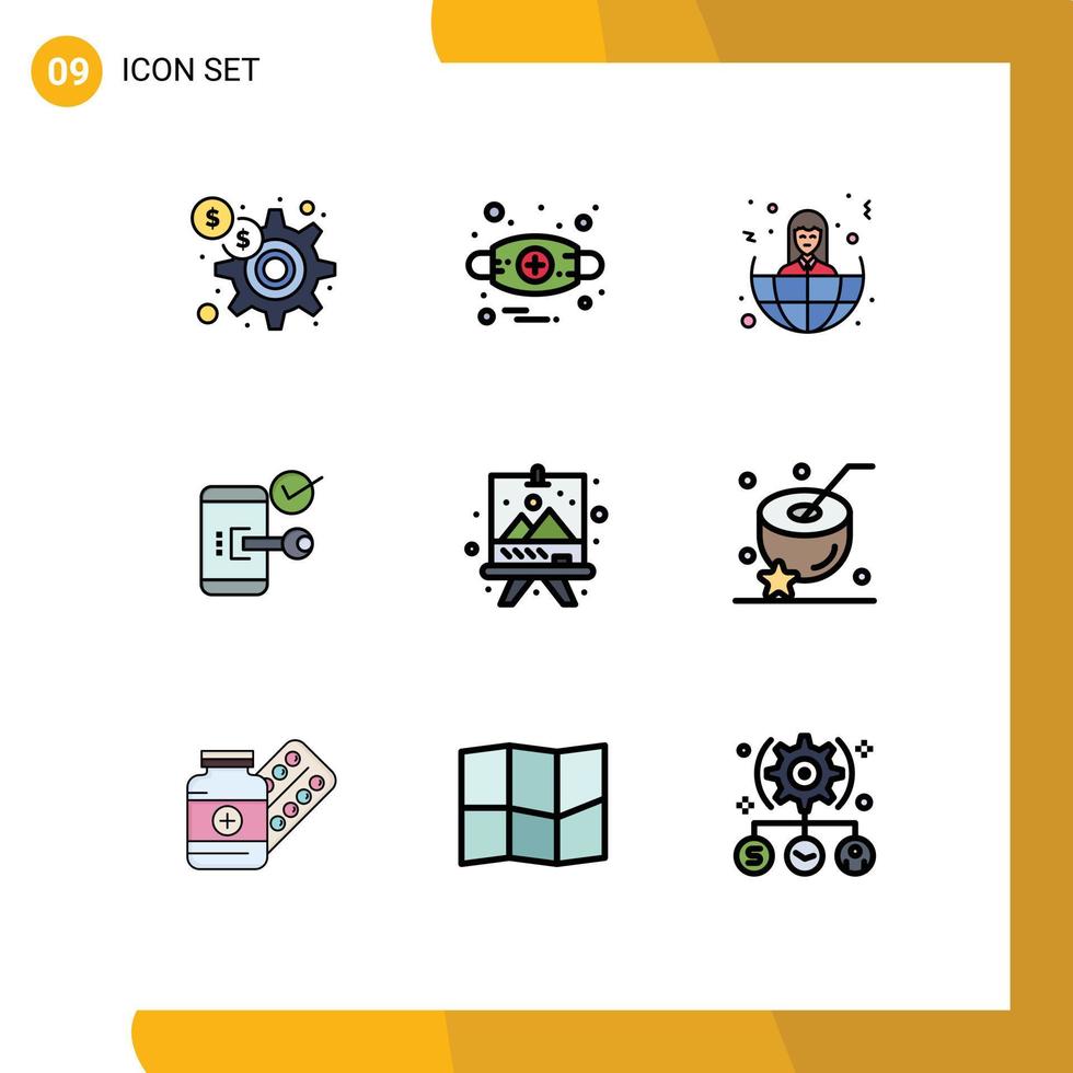 Group of 9 Filledline Flat Colors Signs and Symbols for security open business mobile key Editable Vector Design Elements