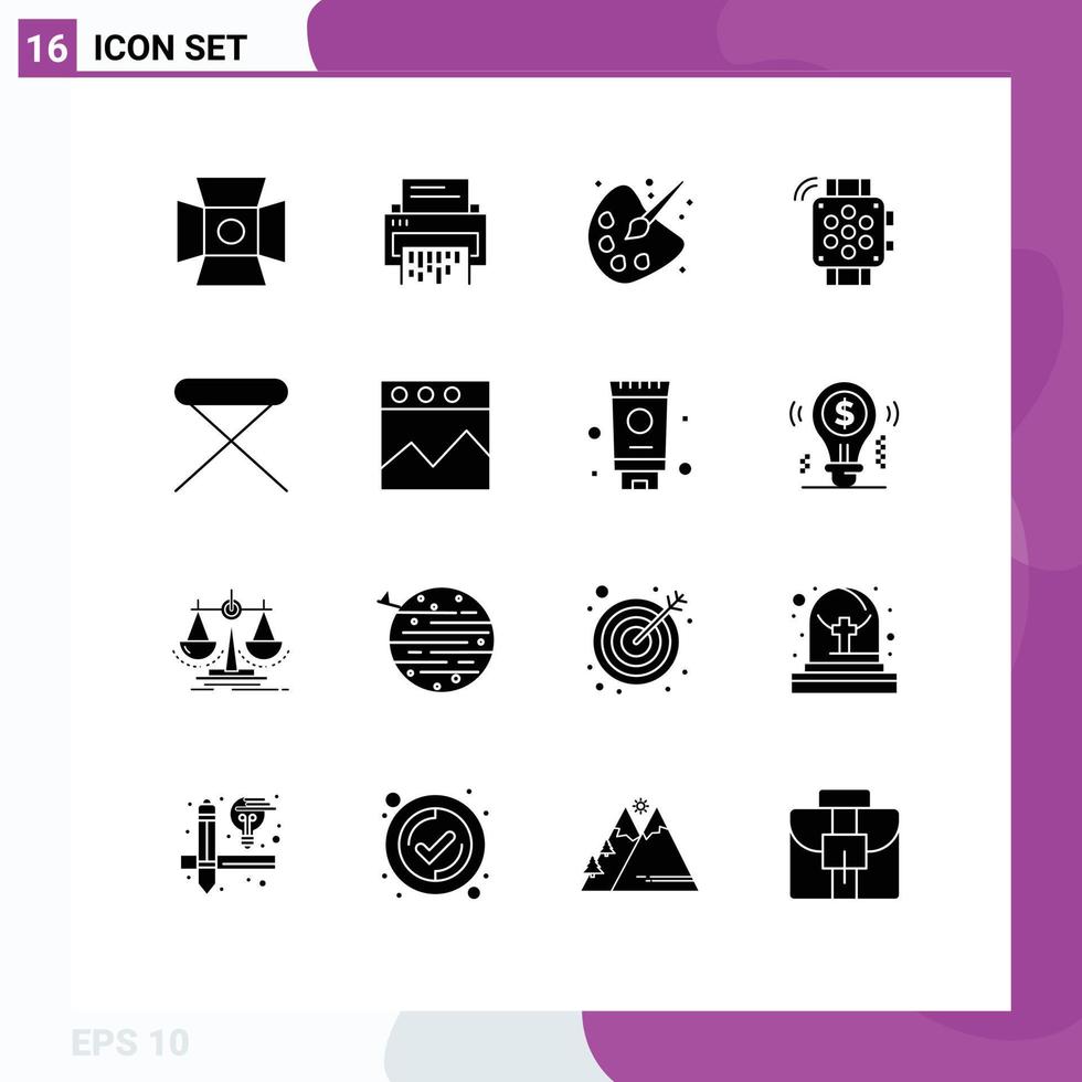 Mobile Interface Solid Glyph Set of 16 Pictograms of timer watch file painting drawing Editable Vector Design Elements