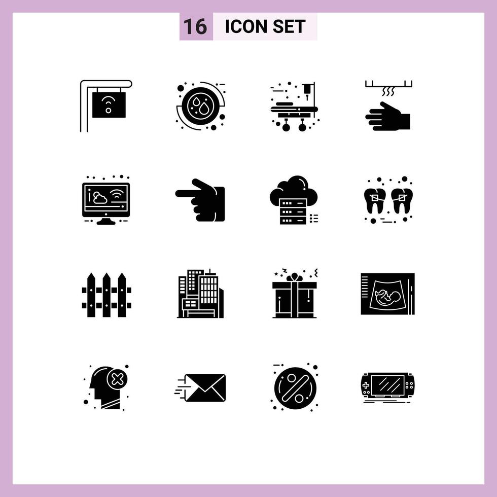 Group of 16 Solid Glyphs Signs and Symbols for screen cloud stretcher hand cleaning Editable Vector Design Elements