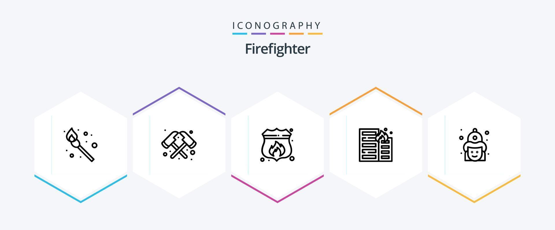 Firefighter 25 Line icon pack including fireman. fight. shield. risk. flame vector