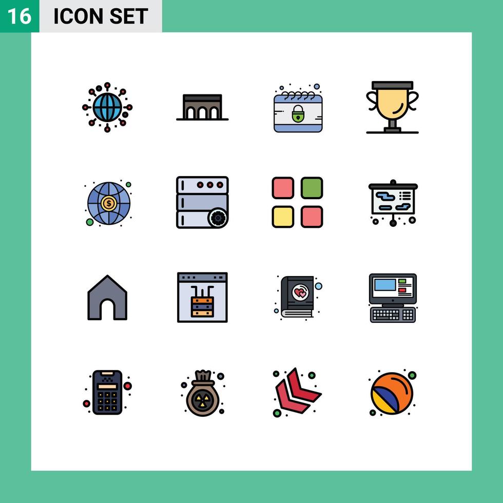 Pack of 16 creative Flat Color Filled Lines of investment trophy calendar prize achievements Editable Creative Vector Design Elements
