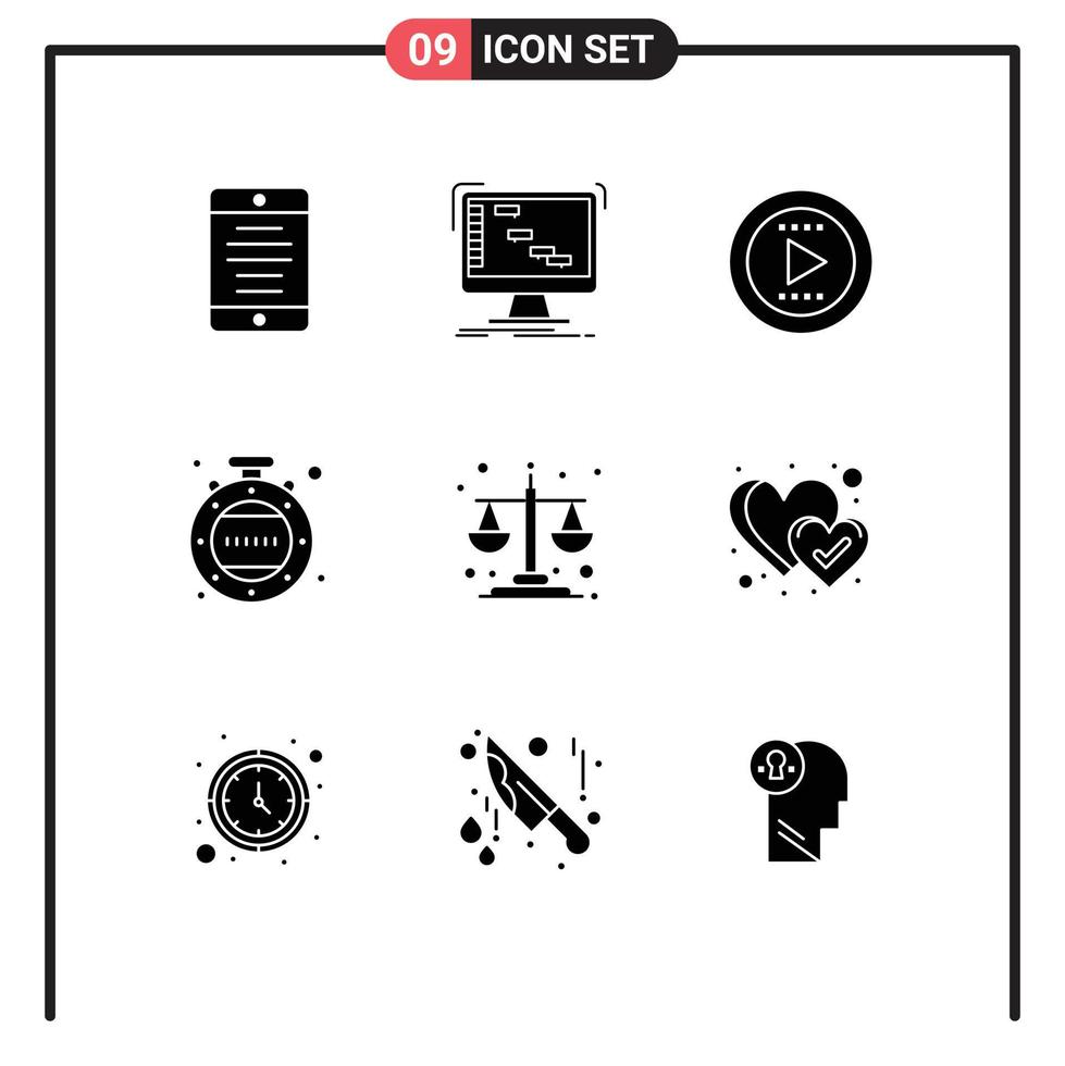 9 Universal Solid Glyph Signs Symbols of equality balance sequencer timer clock Editable Vector Design Elements