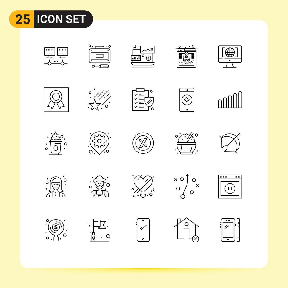 Universal Icon Symbols Group of 25 Modern Lines of world computer financial web hosting database Editable Vector Design Elements