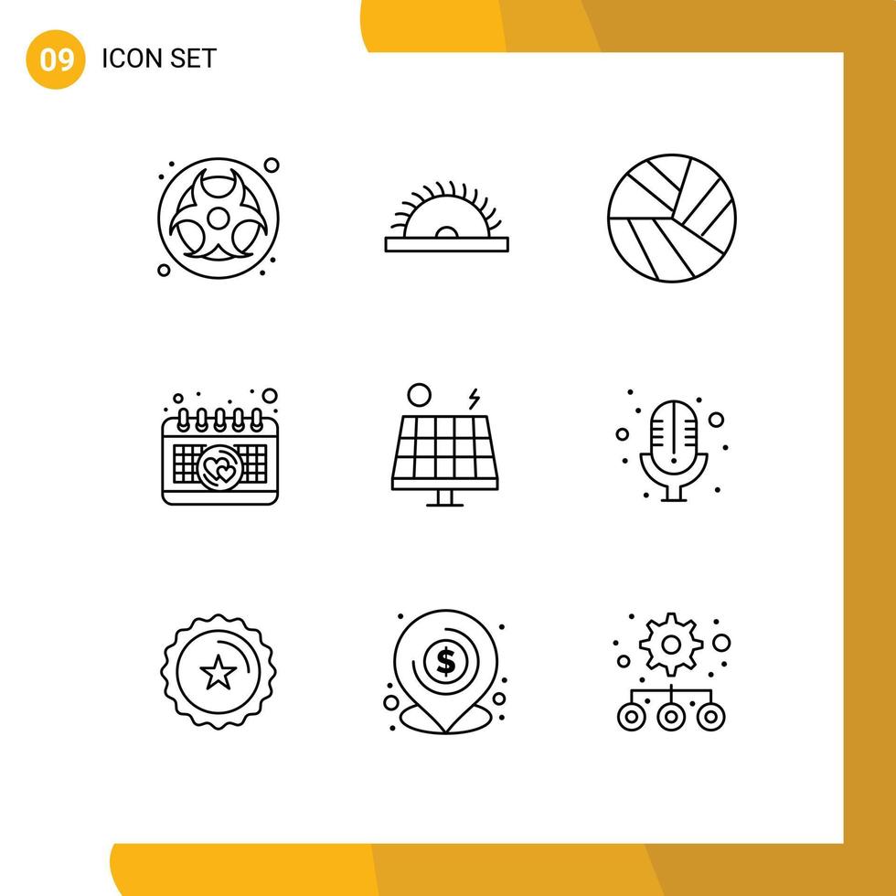 Group of 9 Outlines Signs and Symbols for solar environment ball energy event Editable Vector Design Elements