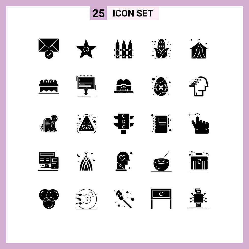 25 Universal Solid Glyph Signs Symbols of tent entertainment garden circus corn Editable Vector Design Elements