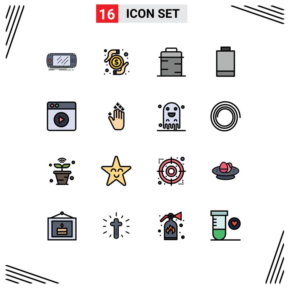 16 Thematic Vector Flat Color Filled Lines and Editable Symbols of play power research electric giving Editable Creative Vector Design Elements