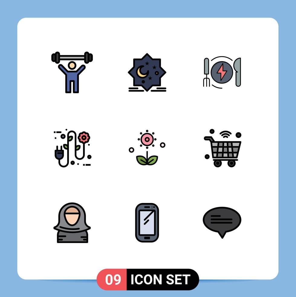 Pack of 9 Modern Filledline Flat Colors Signs and Symbols for Web Print Media such as flora electrical plug new ecology hotel Editable Vector Design Elements