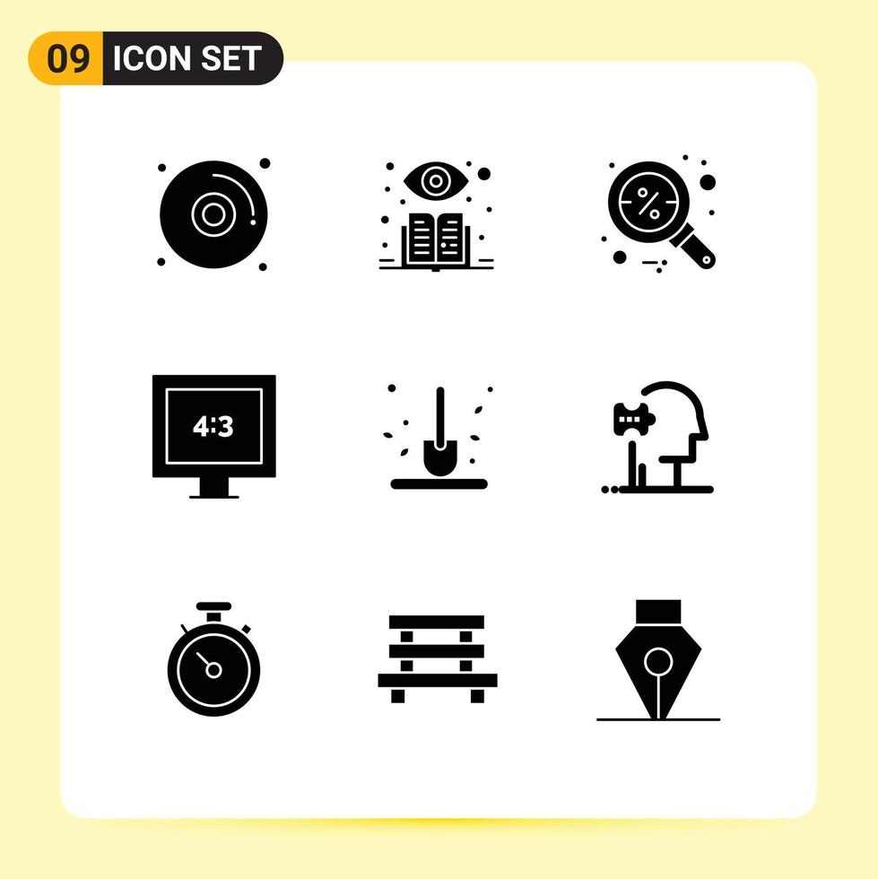 Universal Icon Symbols Group of 9 Modern Solid Glyphs of shovel gardening magnifier farm tv Editable Vector Design Elements