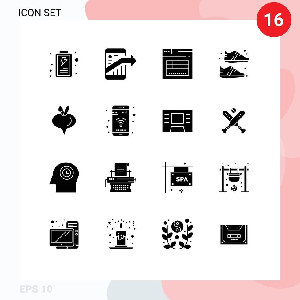 User Interface Pack of 16 Basic Solid Glyphs of turnip sportive page shoe clothing Editable Vector Design Elements