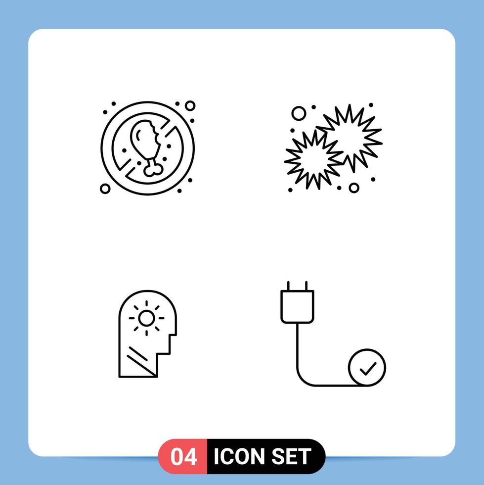 Mobile Interface Line Set of 4 Pictograms of no meat brain fresh morning mind Editable Vector Design Elements