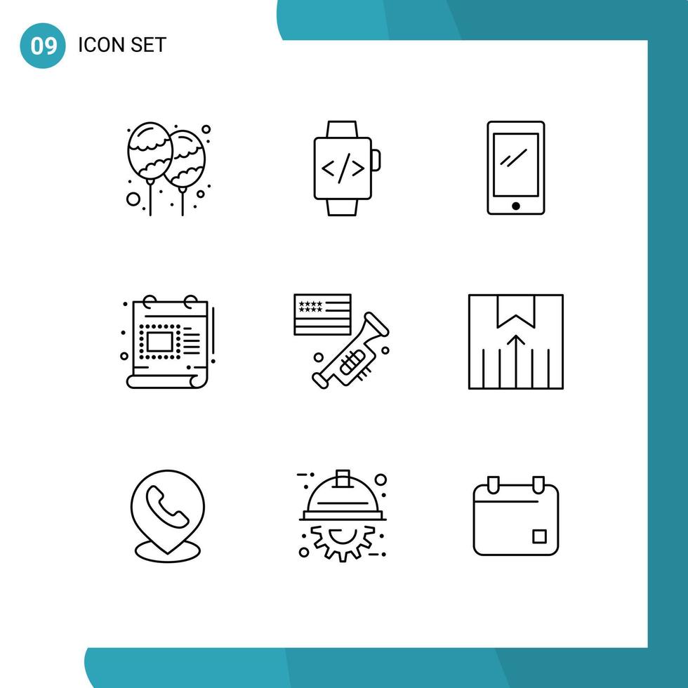 Pack of 9 Modern Outlines Signs and Symbols for Web Print Media such as flag document phone design iphone Editable Vector Design Elements