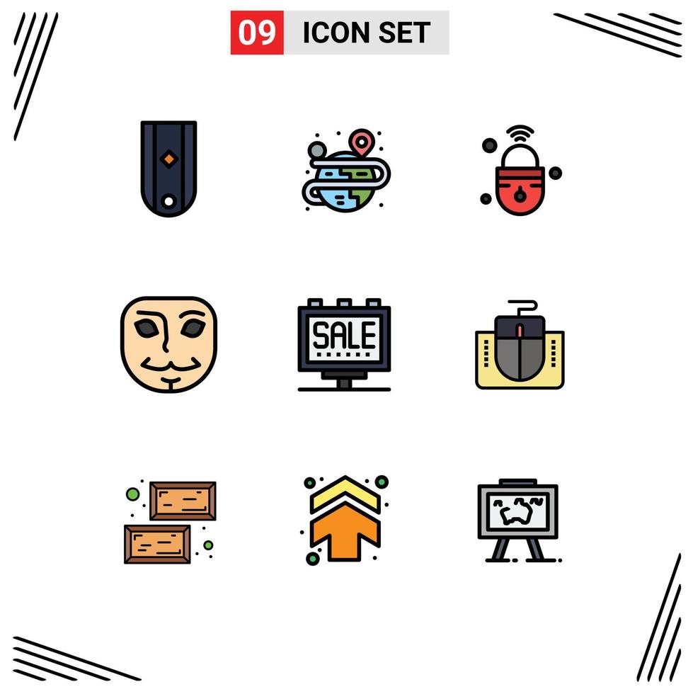 Filledline Flat Color Pack of 9 Universal Symbols of advertising face map anonymous secure Editable Vector Design Elements