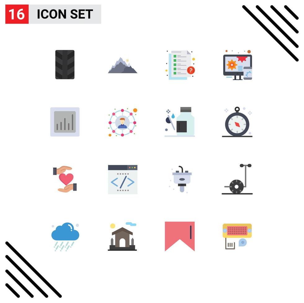 Modern Set of 16 Flat Colors and symbols such as connections chart help analytics design Editable Pack of Creative Vector Design Elements