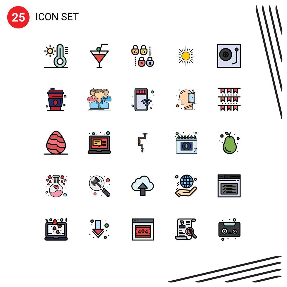 Universal Icon Symbols Group of 25 Modern Filled line Flat Colors of alcohol turntable security music devices Editable Vector Design Elements