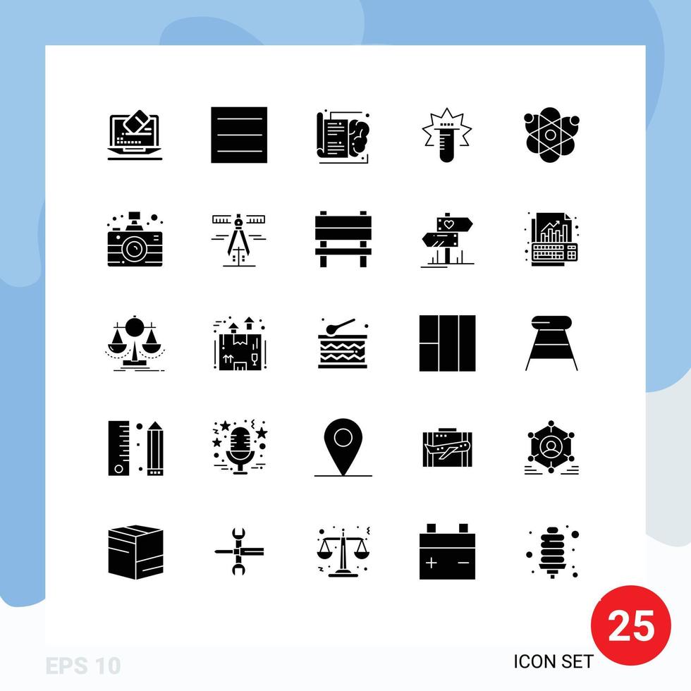 Mobile Interface Solid Glyph Set of 25 Pictograms of science biology knowledge atom medical Editable Vector Design Elements