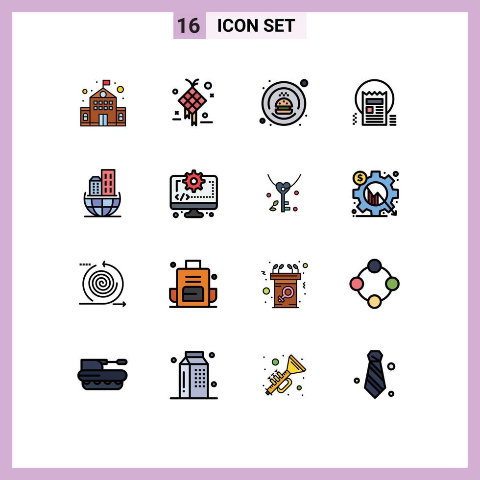 16 Universal Flat Color Filled Line Signs Symbols of global organization news delivery article document Editable Creative Vector Design Elements