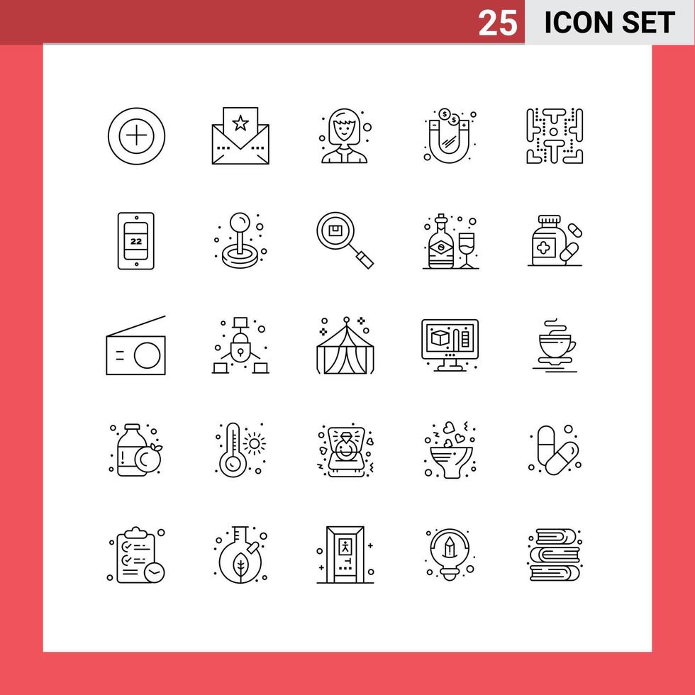 User Interface Pack of 25 Basic Lines of mobile game student fun magnetic Editable Vector Design Elements