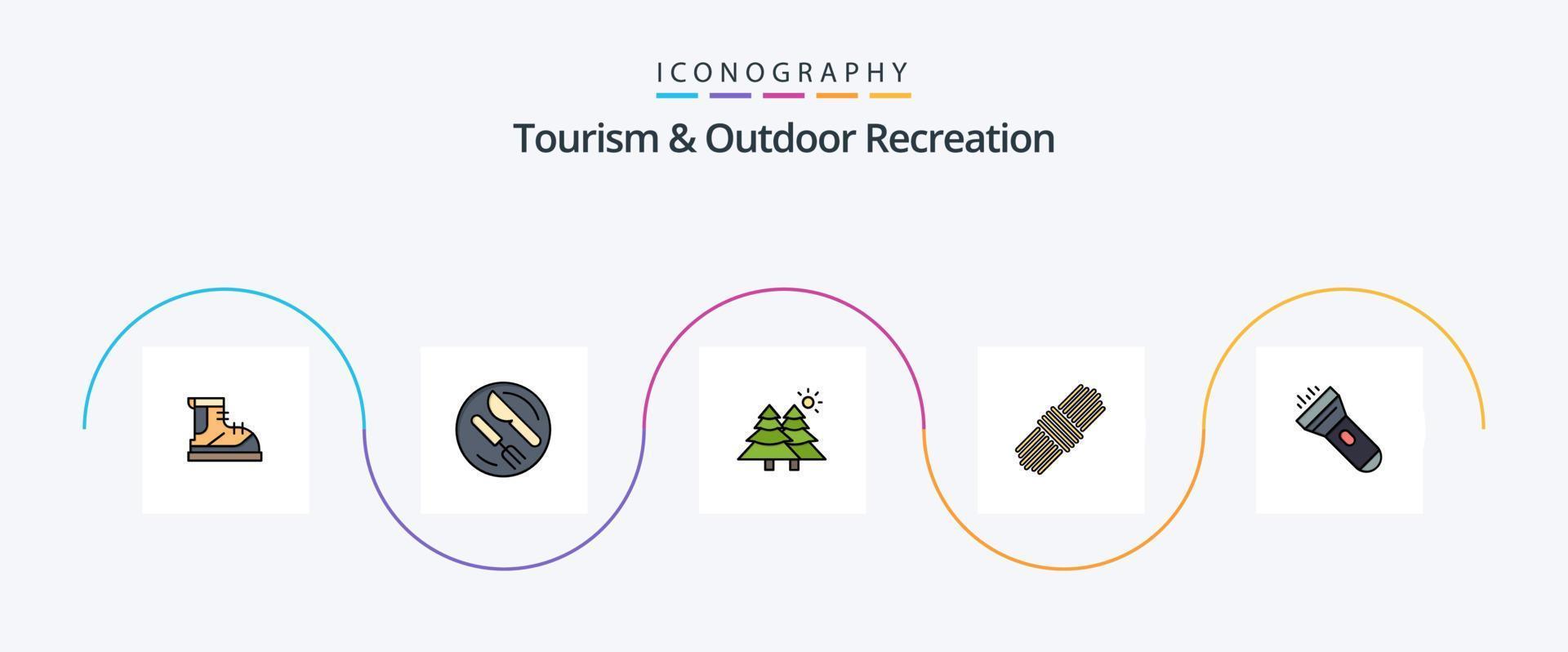 Tourism And Outdoor Recreation Line Filled Flat 5 Icon Pack Including light. set. knife. pack. trees vector