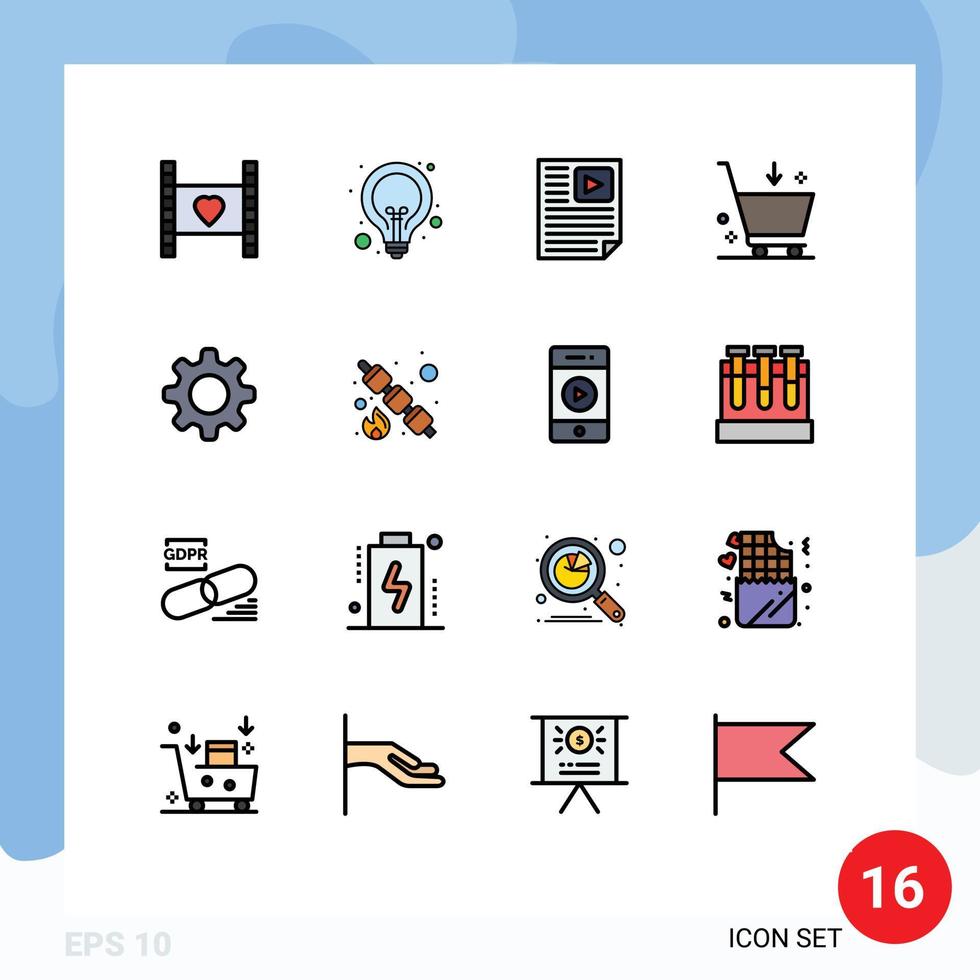 Flat Color Filled Line Pack of 16 Universal Symbols of commerce buy seo video paper Editable Creative Vector Design Elements