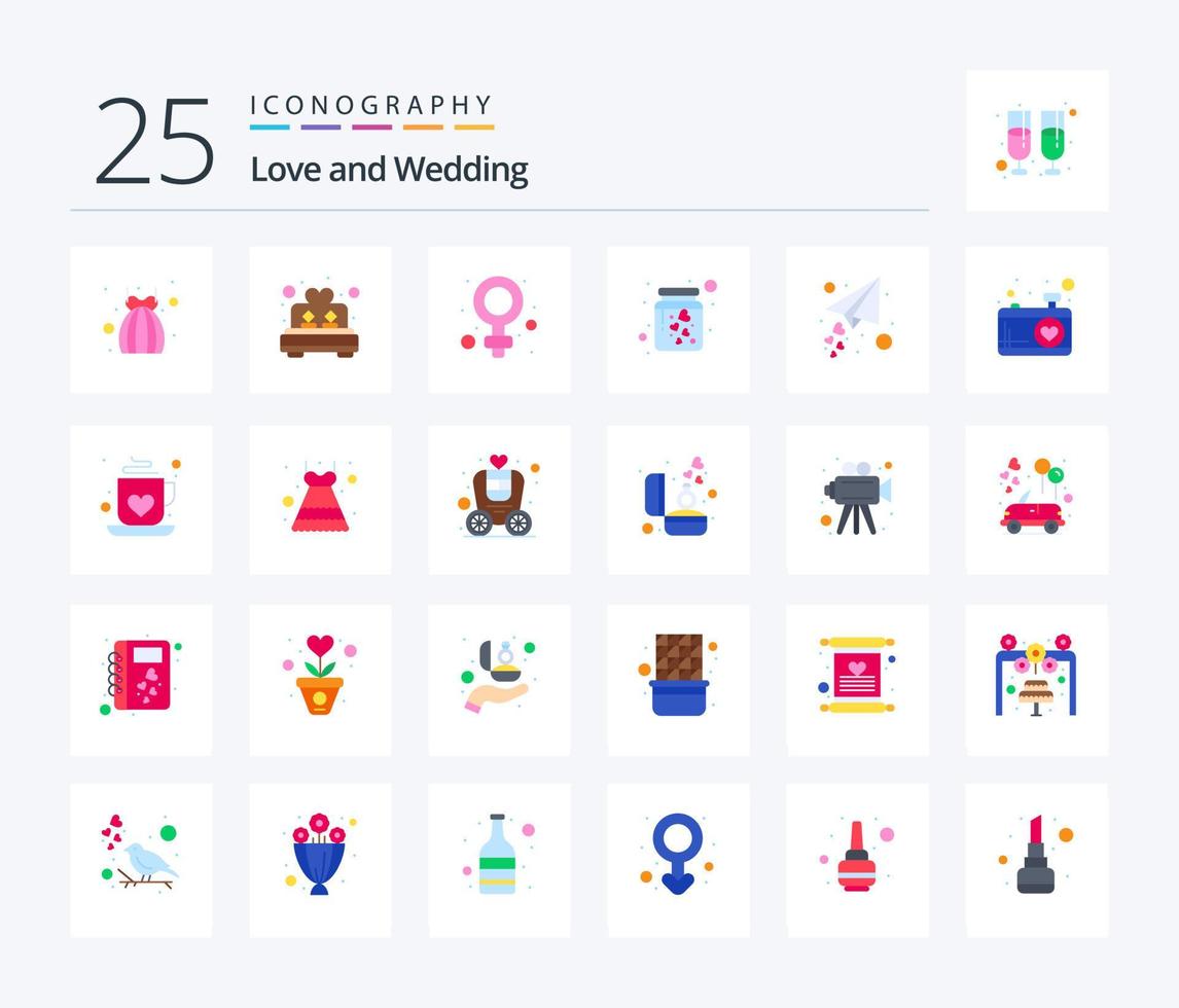 Wedding 25 Flat Color icon pack including love message. romance. female. love. heart vector