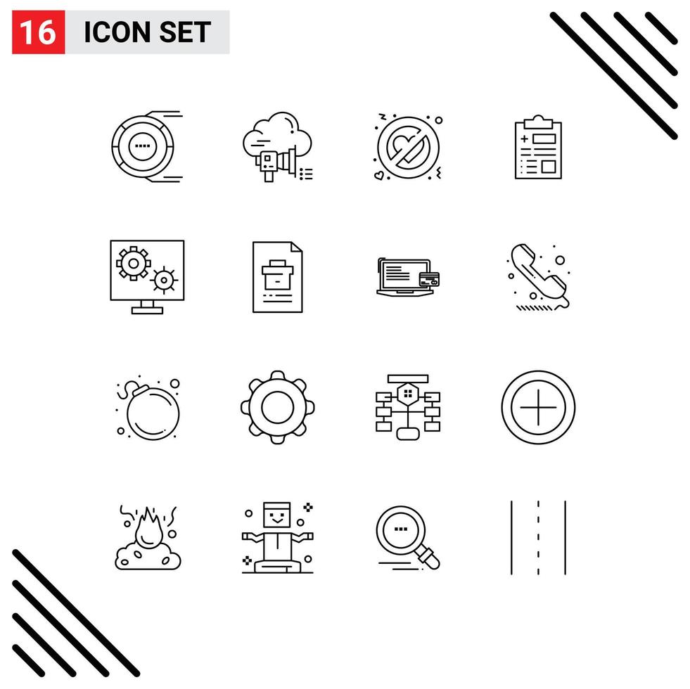Stock Vector Icon Pack of 16 Line Signs and Symbols for healthcare record cloud report romance Editable Vector Design Elements