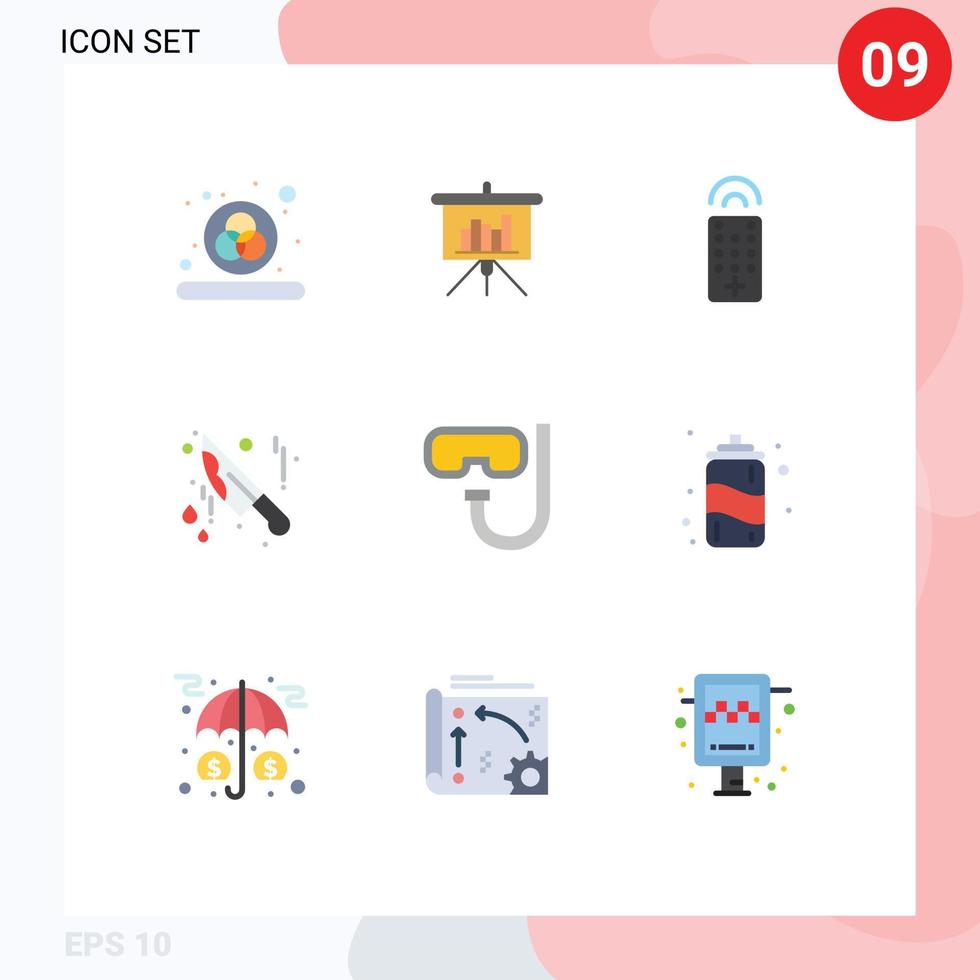 Pack of 9 Modern Flat Colors Signs and Symbols for Web Print Media such as drink snorkeling remote goggles knife Editable Vector Design Elements