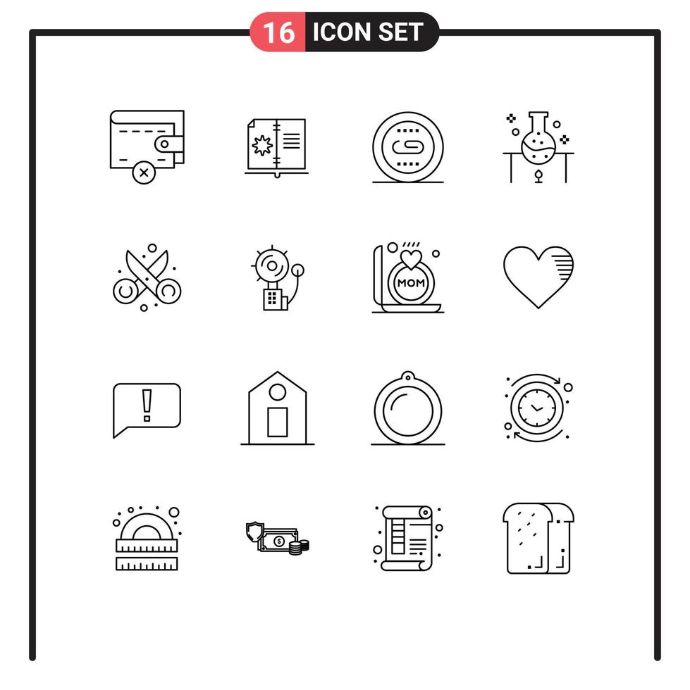 Modern Set of 16 Outlines and symbols such as clippers science experiment linking science laboratory Editable Vector Design Elements