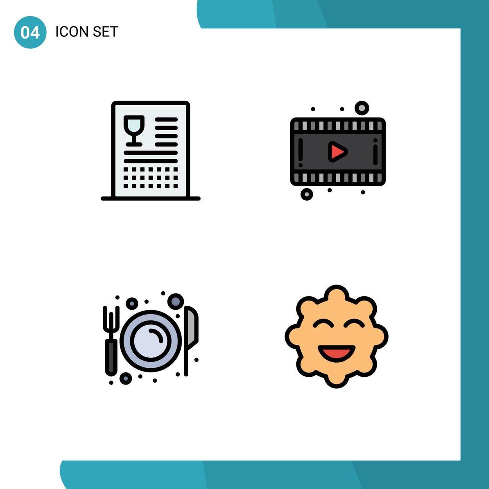 User Interface Pack of 4 Basic Filledline Flat Colors of catalog eat food movie plate Editable Vector Design Elements