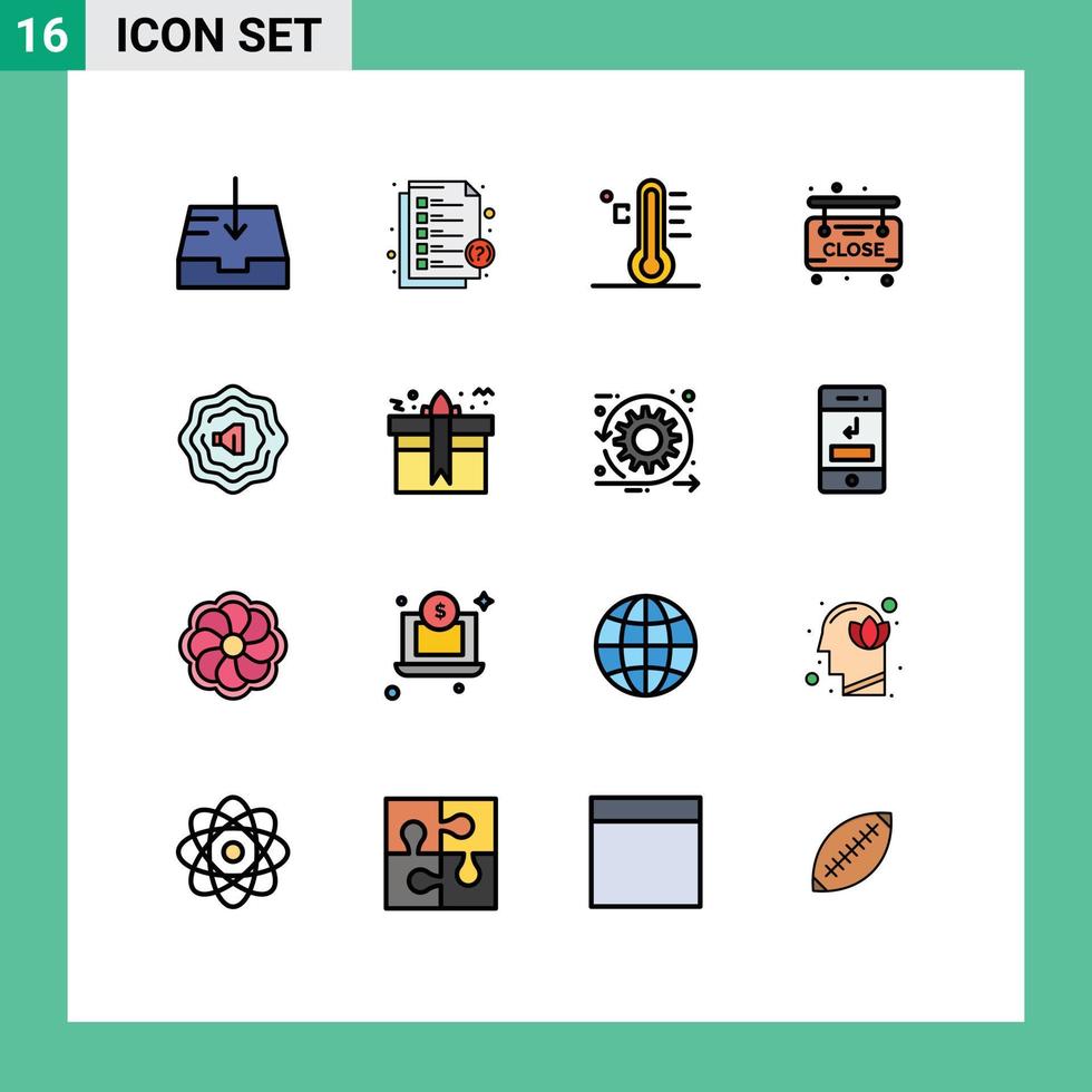 16 Universal Flat Color Filled Lines Set for Web and Mobile Applications box accustic light close market Editable Creative Vector Design Elements