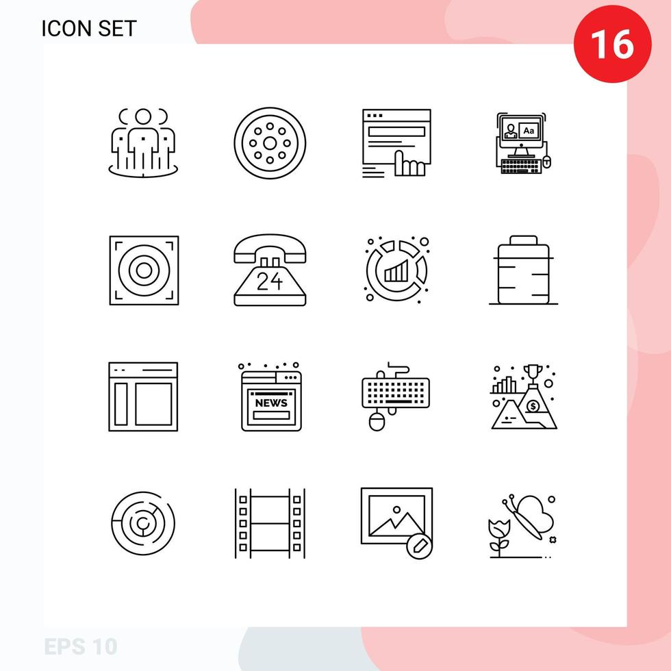 Group of 16 Modern Outlines Set for software computer safety website touch Editable Vector Design Elements