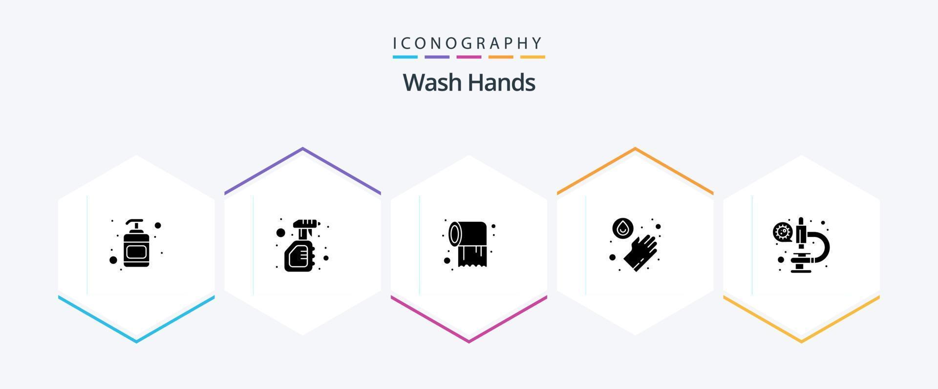 Wash Hands 25 Glyph icon pack including microscope. coronavirus. paper. washing. hands vector