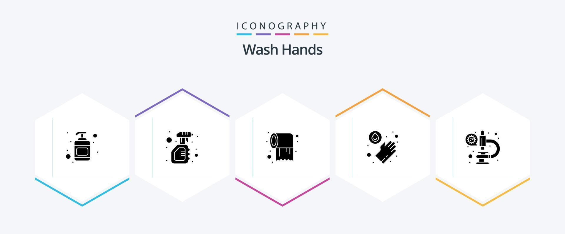 lavar manos 25 glifo icono paquete incluso microscopio. coronavirus. papel. Lavado. manos vector