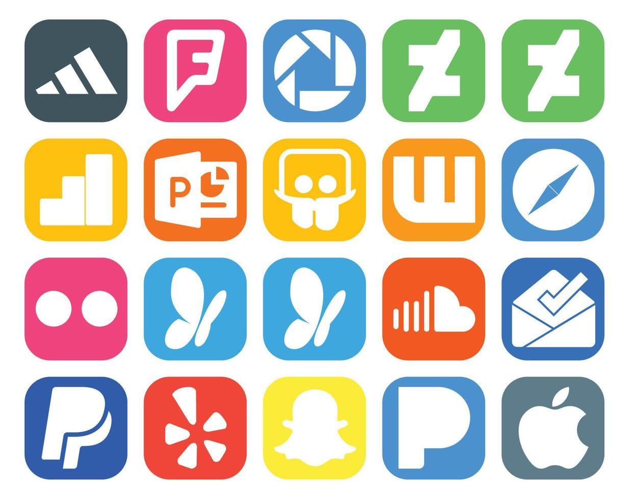 20 Social Media Icon Pack Including yelp inbox safari music soundcloud vector