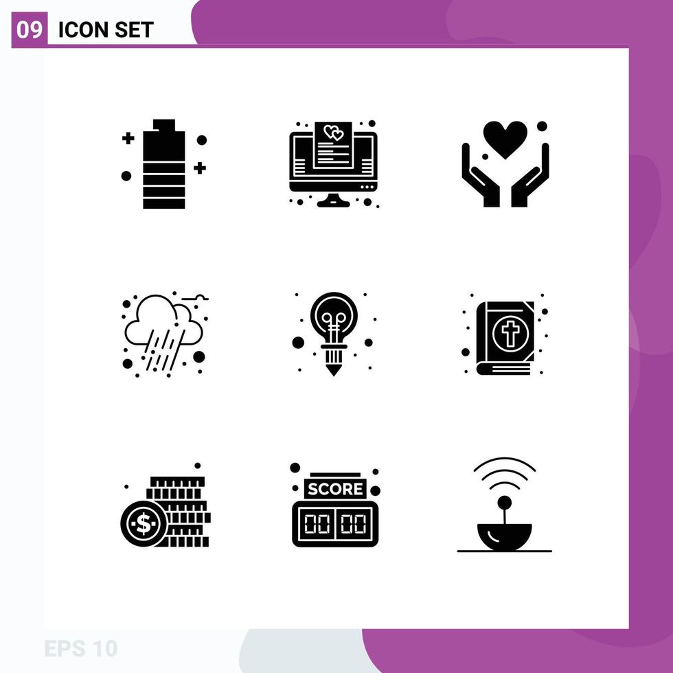 Set of 9 Commercial Solid Glyphs pack for creativity rain online cloud motivation Editable Vector Design Elements