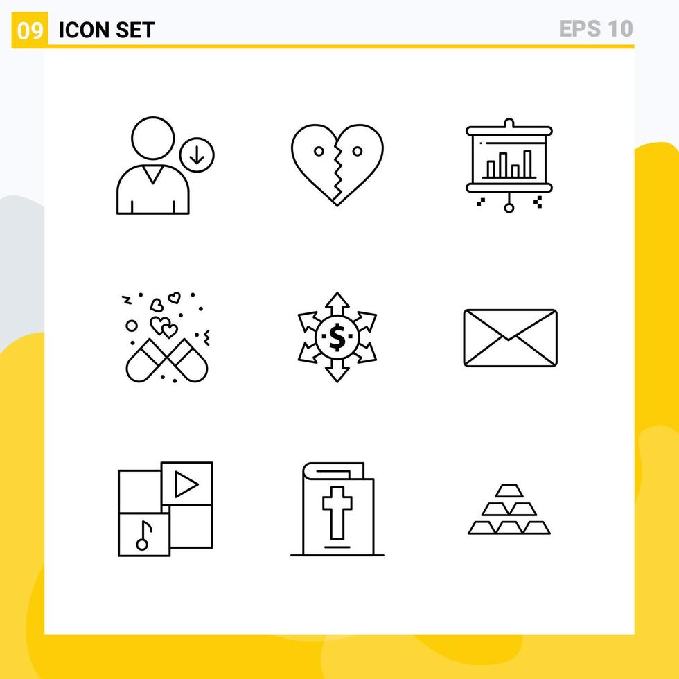 Stock Vector Icon Pack of 9 Line Signs and Symbols for money medicine bar love dose Editable Vector Design Elements