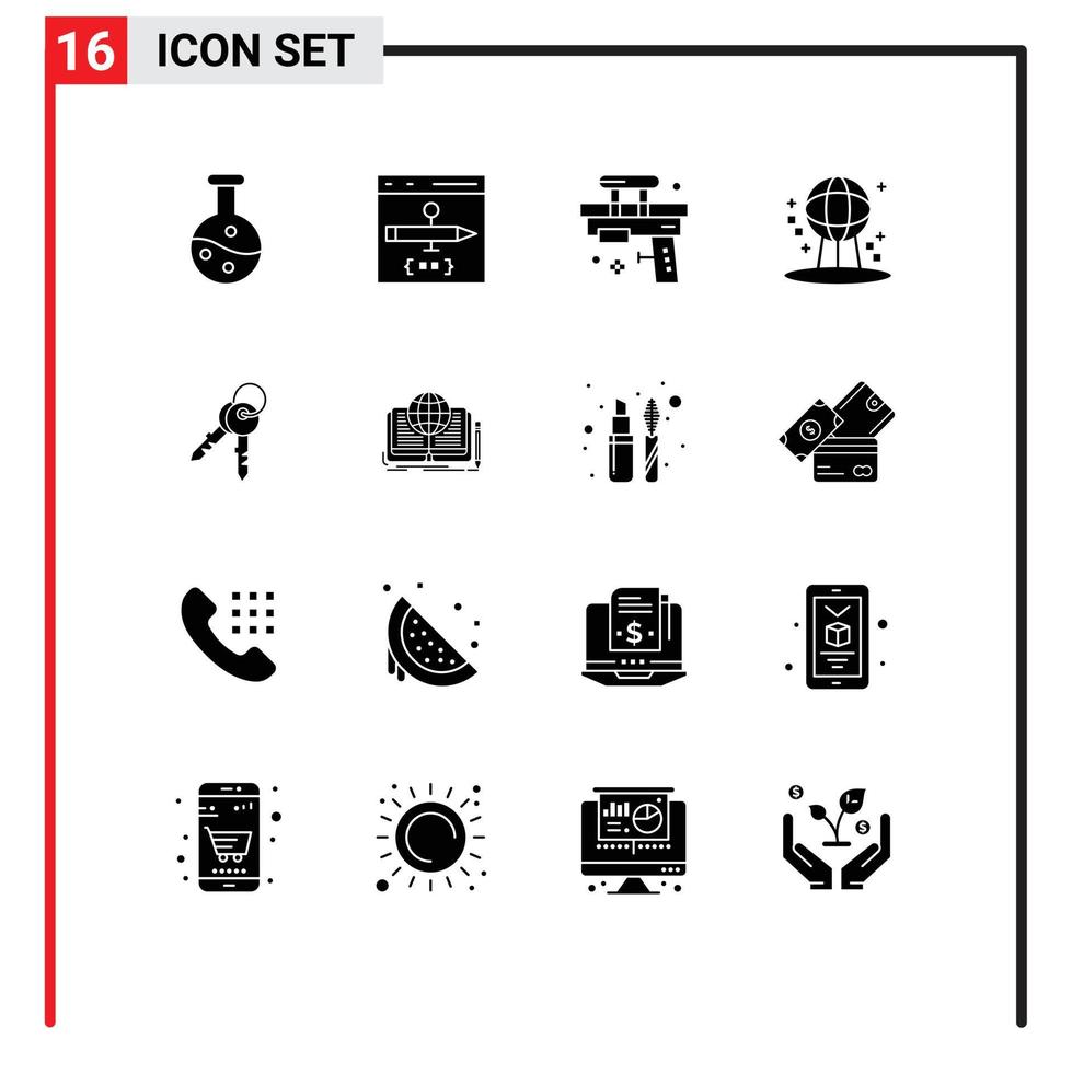 16 Universal Solid Glyphs Set for Web and Mobile Applications keys space fun earth water Editable Vector Design Elements