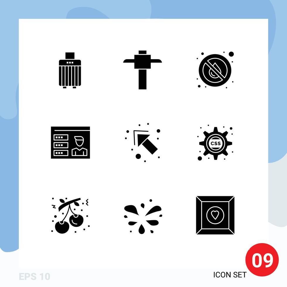 Pack of 9 creative Solid Glyphs of left arrow rain id profile Editable Vector Design Elements