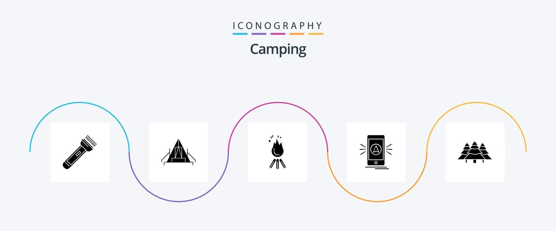 Camping Glyph 5 Icon Pack Including navigation. camp. campsite. camping. flame vector