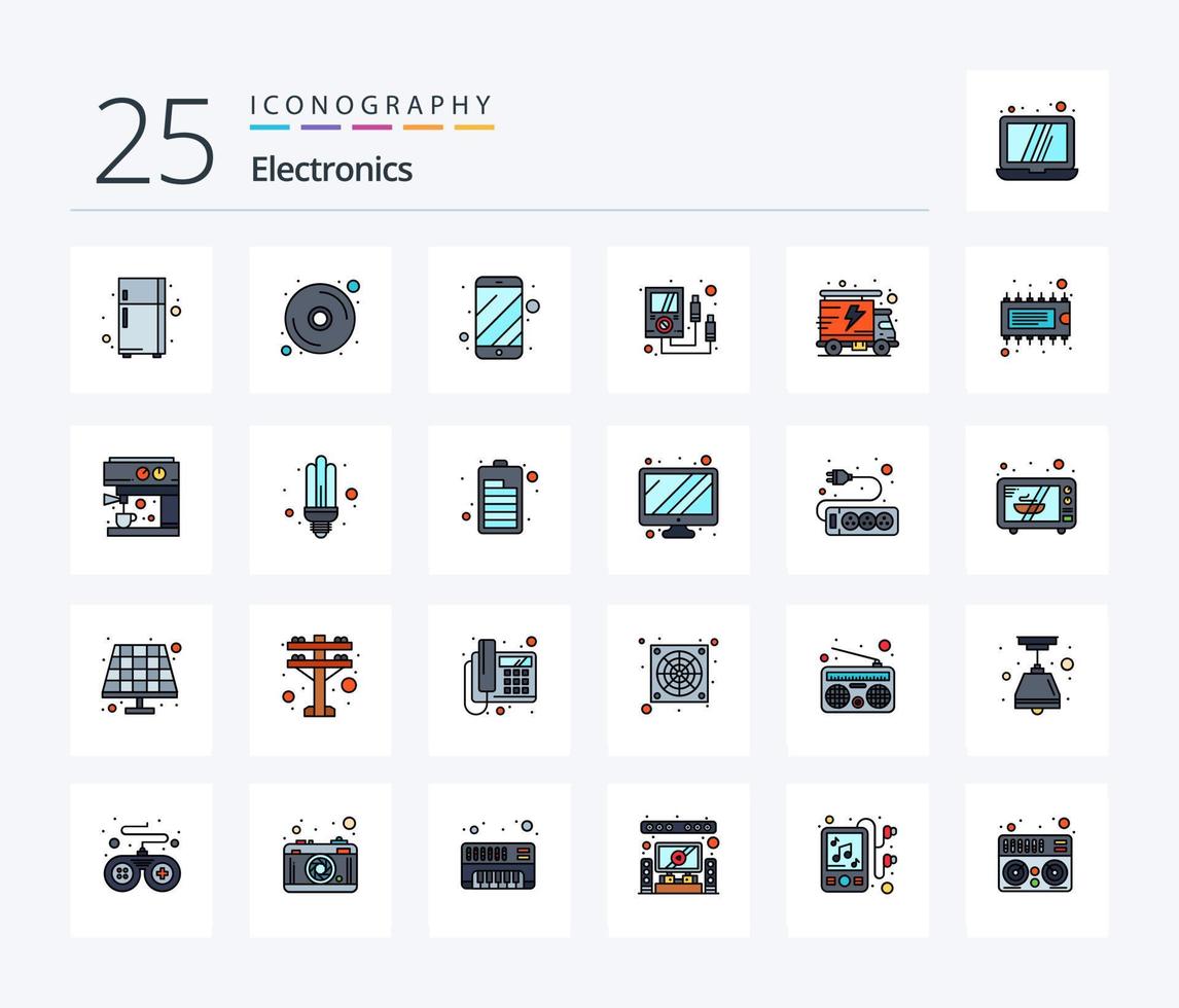 Electronics 25 Line Filled icon pack including component. packet. phone. energy. meter vector