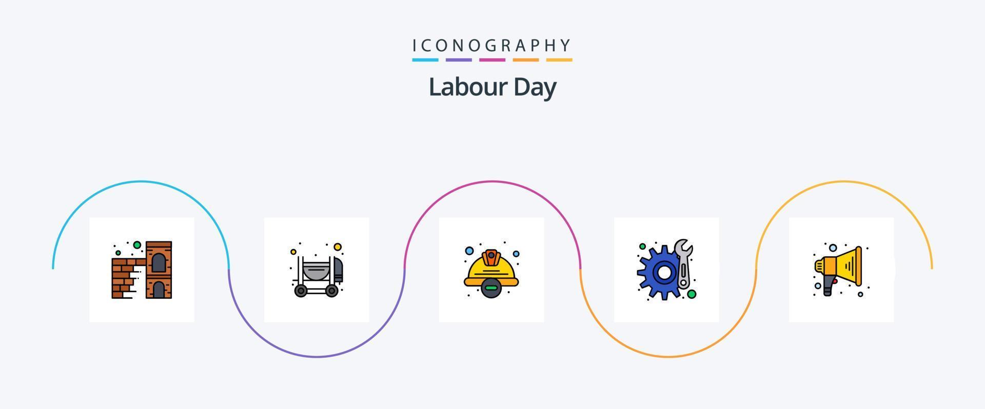 Labour Day Line Filled Flat 5 Icon Pack Including speaker. announce. construction. repair. gear vector