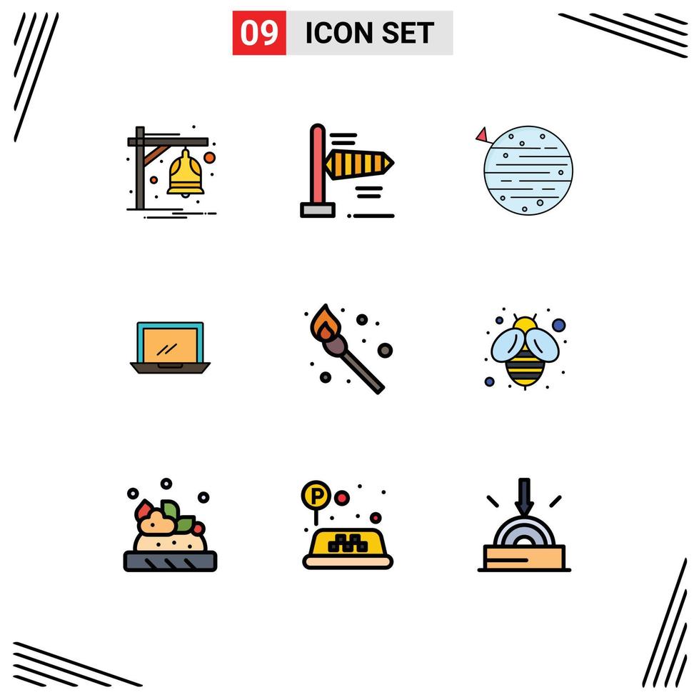 Editable Vector Line Pack of 9 Simple Filledline Flat Colors of camping hardware planet device computer Editable Vector Design Elements